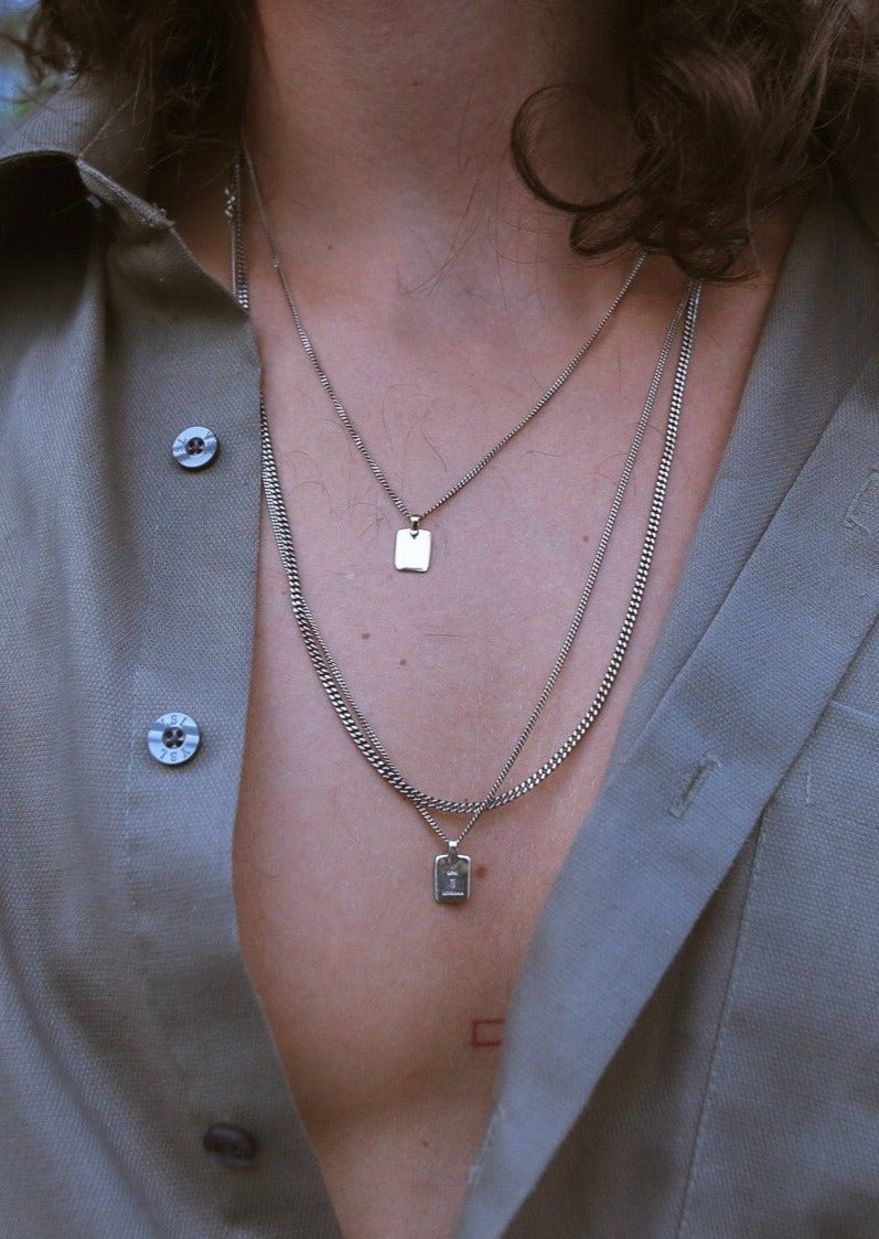 Curb Chain Tag Necklace in Silver and Gold