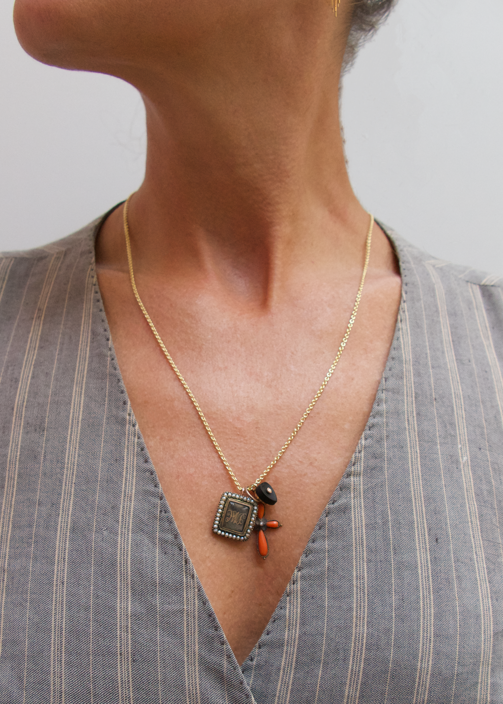 Vintage Charms Necklace in 14K Gold with Coral Cross, Mourning & Heart Charms