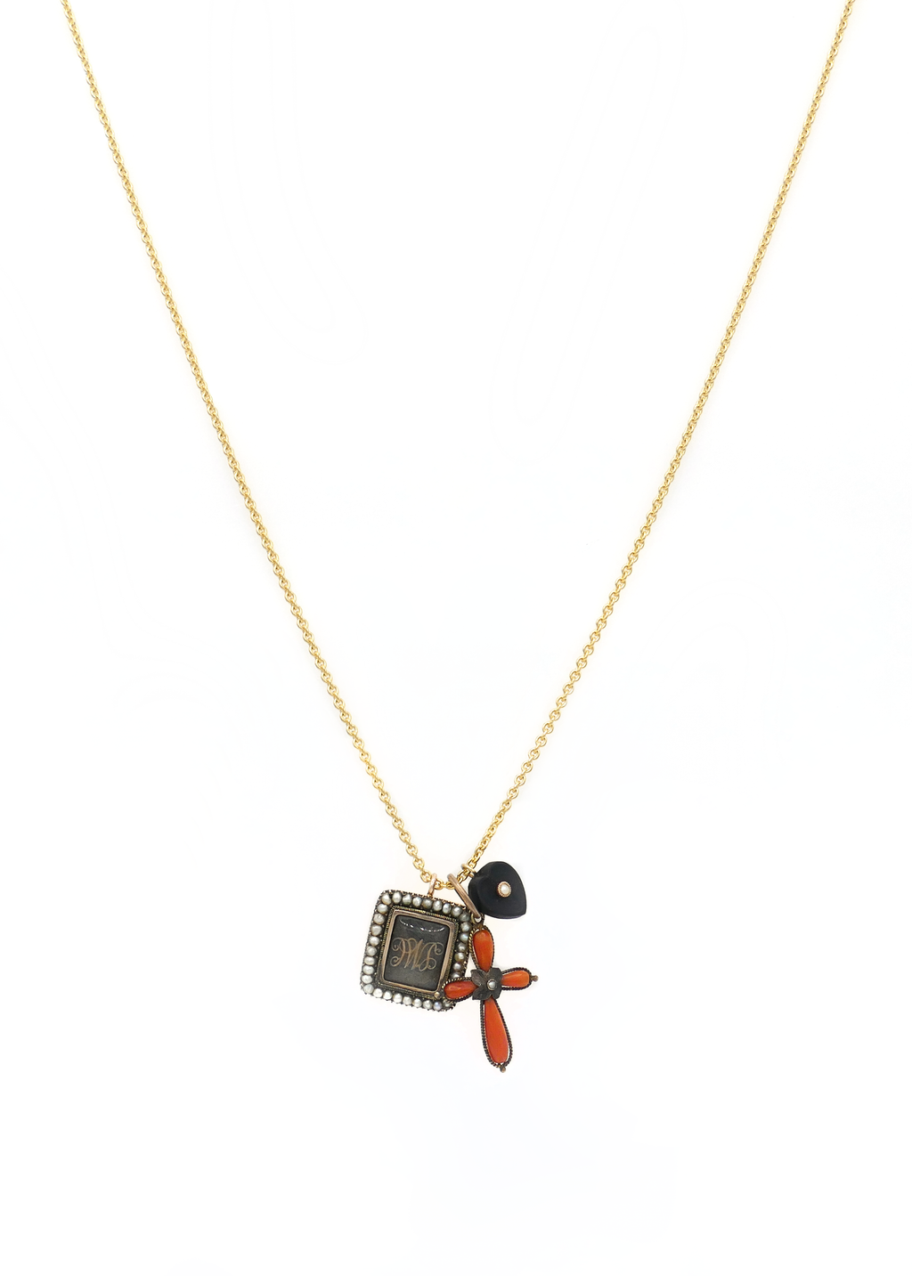 Vintage Charms Necklace in 14K Gold with Coral Cross, Mourning & Heart Charms