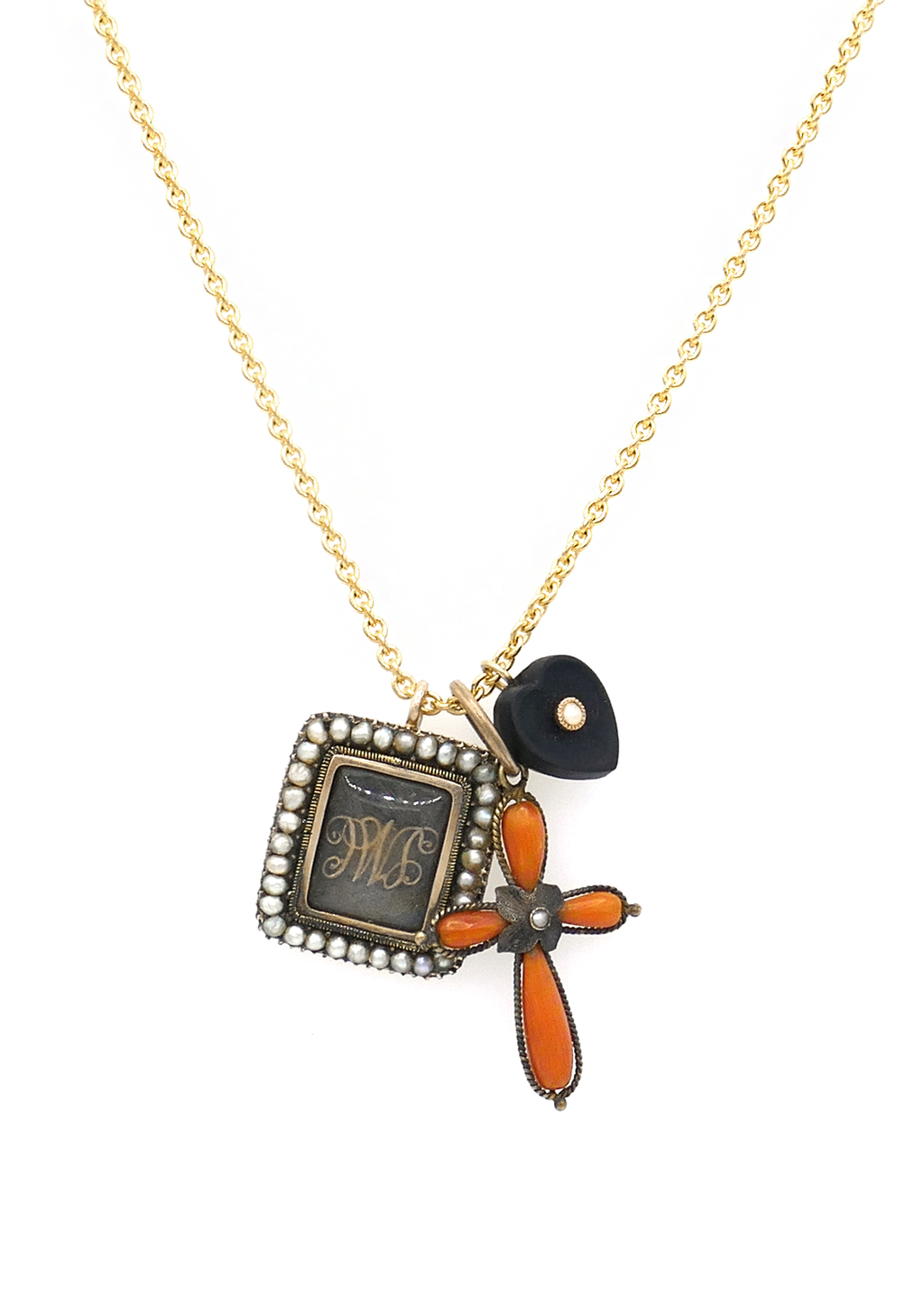 Vintage Charms Necklace in 14K Gold with Coral Cross, Mourning & Heart Charms