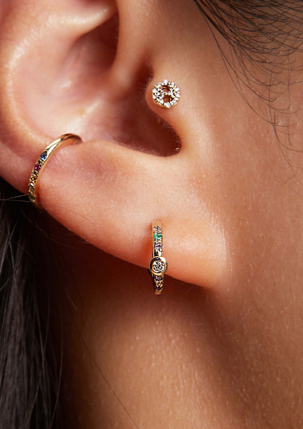 Diamond Bezel Huggie with Rainbow Gems