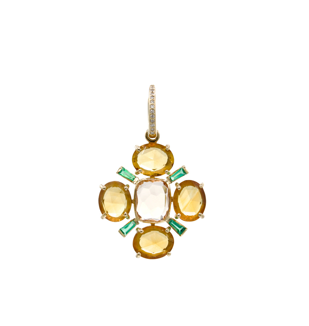 Citrine and Emerald flowers on a Diamond Hoops