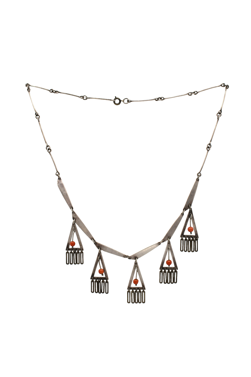 Tribal 5 Triangle Coral Bead Necklace Sterling Silver