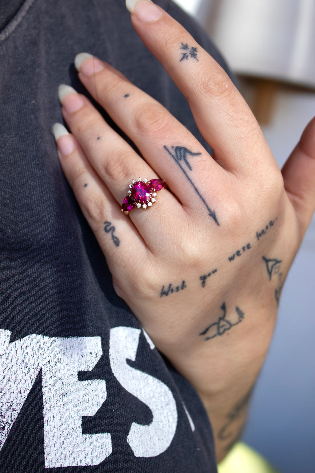 Contemporary Rubelite and Diamonds 18k Rose Ring