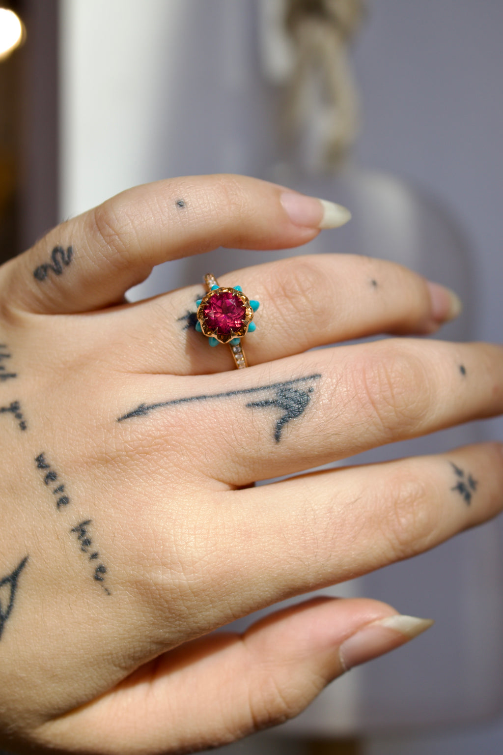 Protea Pink Tourmaline, Turquoise and Diamond  Ring