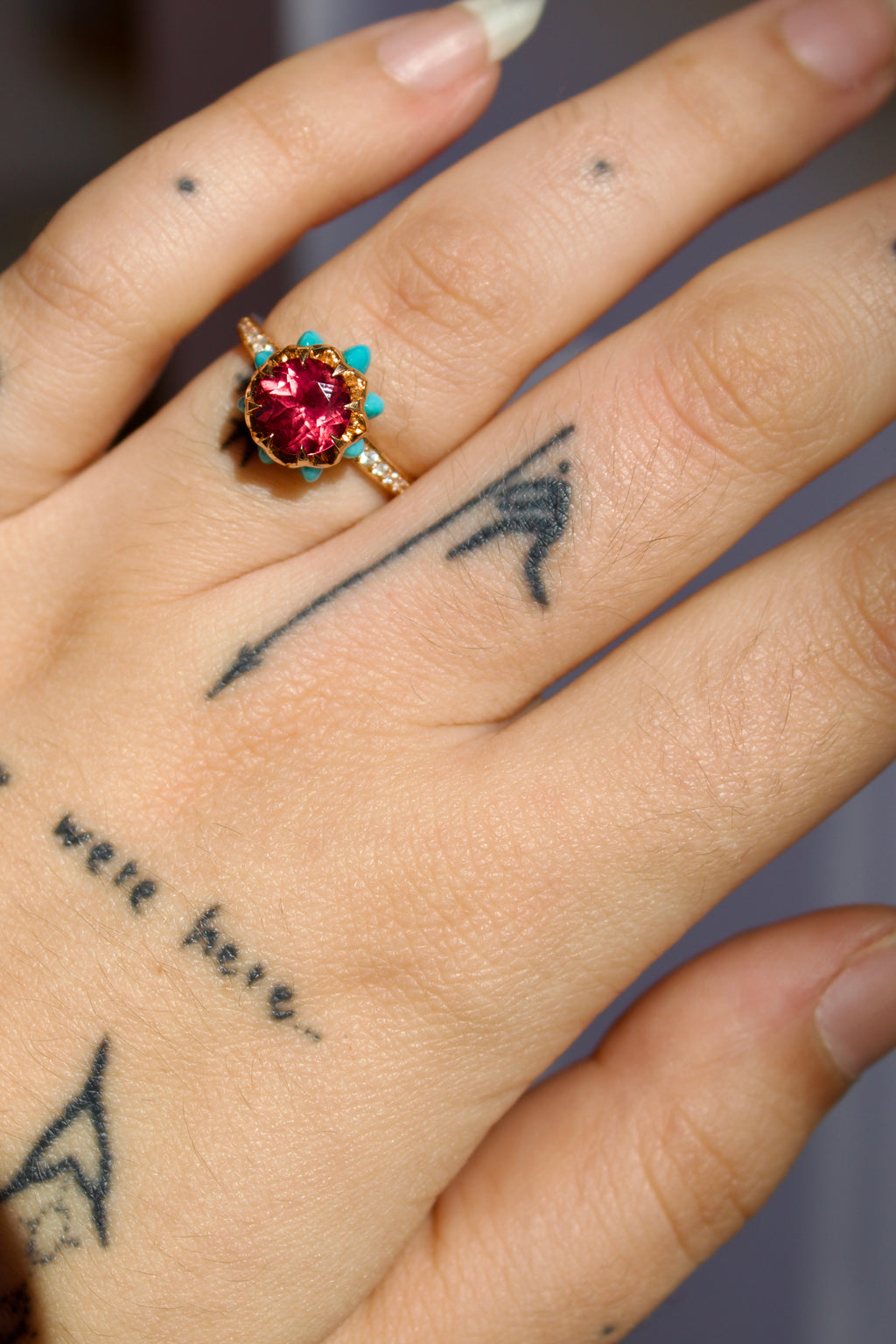 Protea Pink Tourmaline, Turquoise and Diamond  Ring