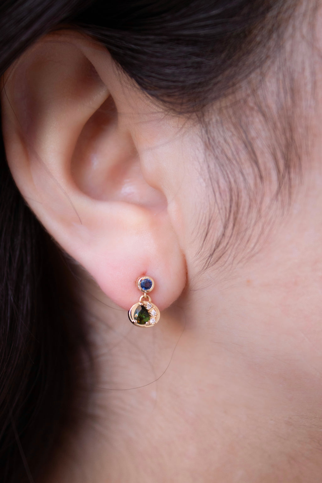 Bezel Stud Drop Blue Sapphire and Green Tourmaline