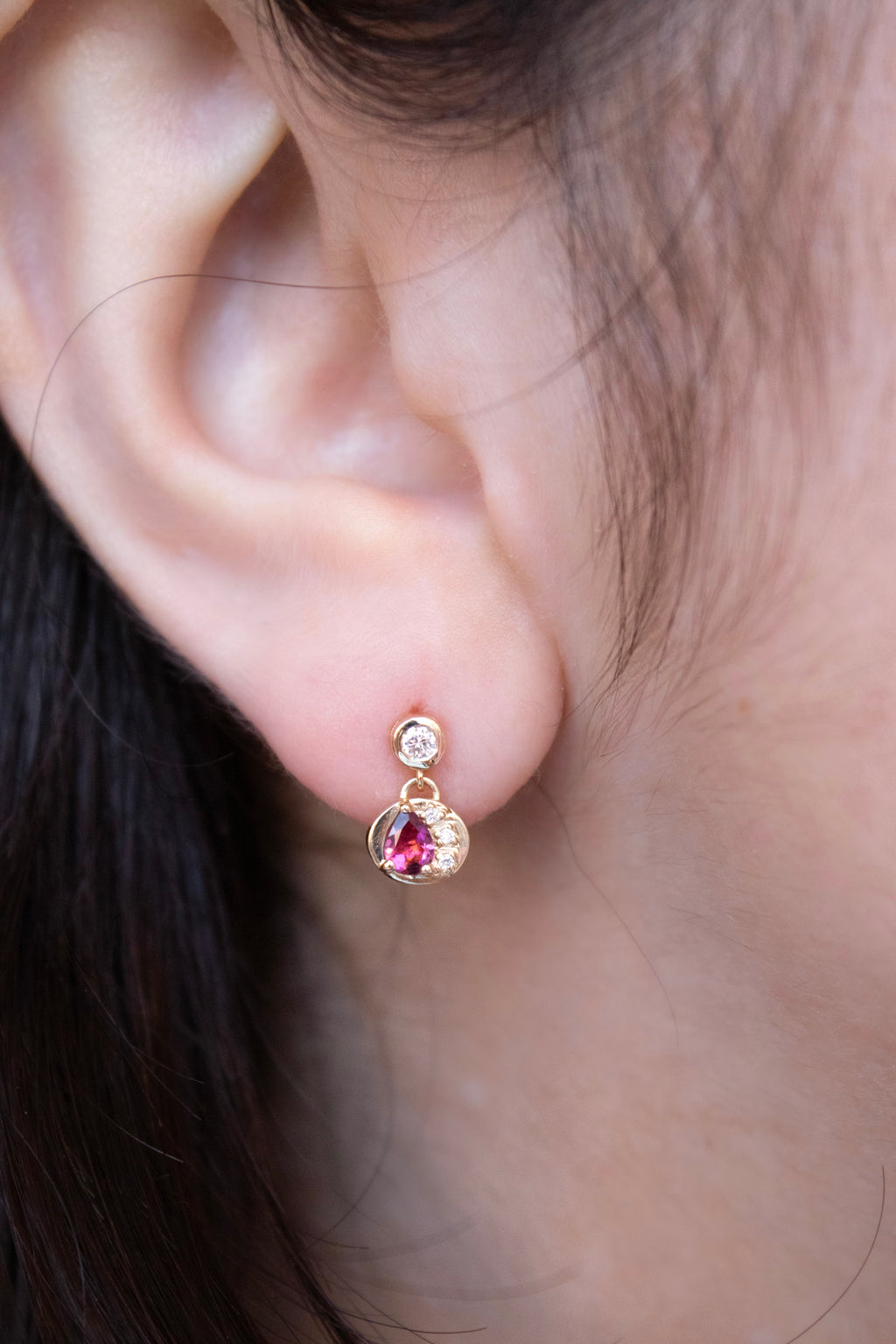 Bezel Stud Drop Diamond and Pink Tourmaline