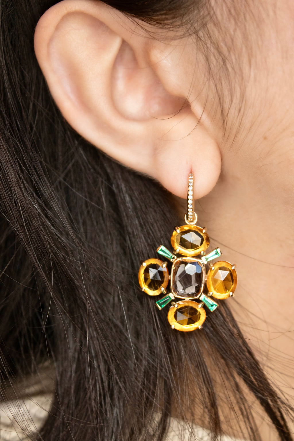 Citrine and Emerald flowers on a Diamond Hoops