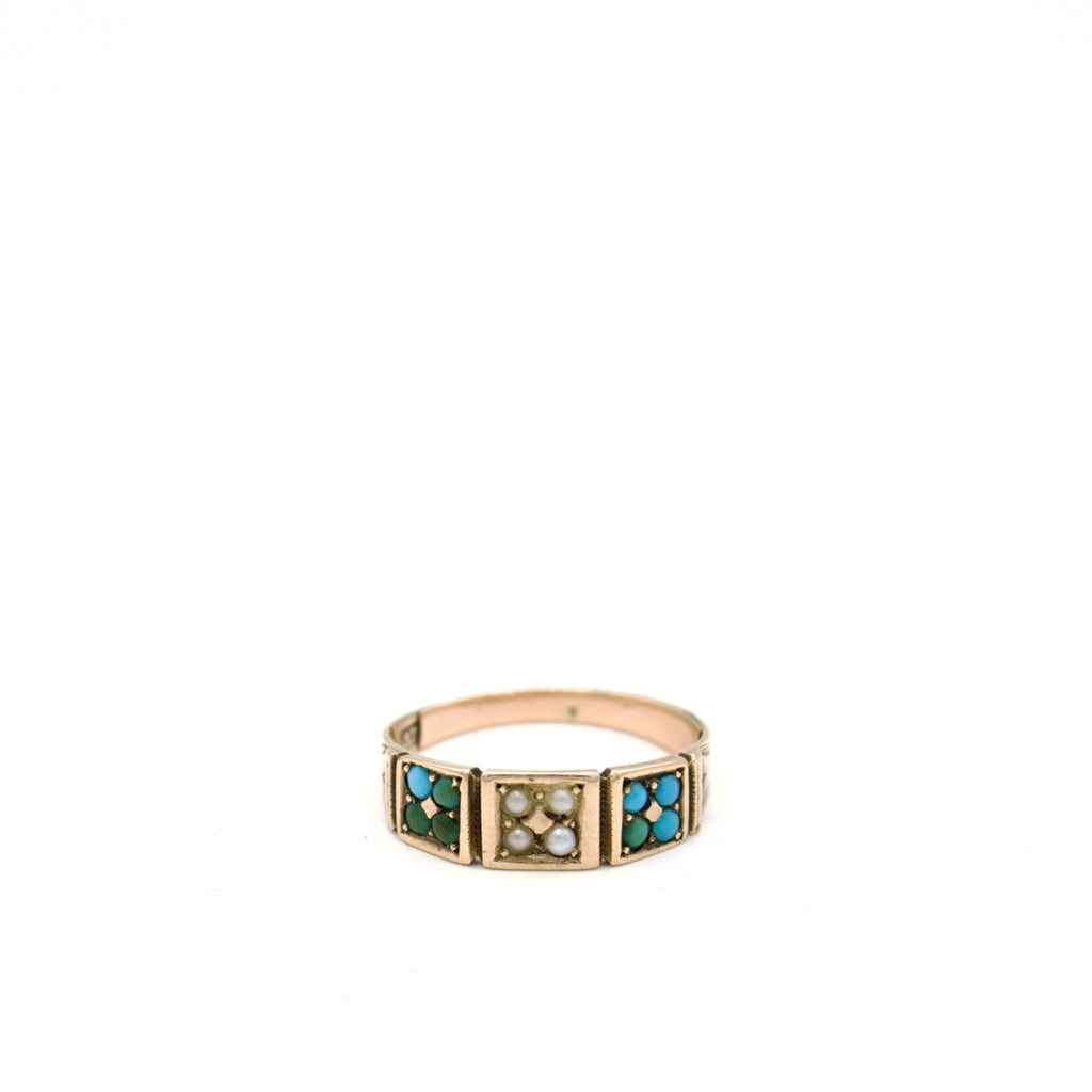 Victorian 9K Gold  Ring with Seed pearls and Turquoise