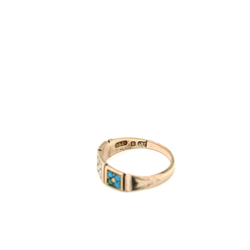 Victorian 9K Gold  Ring with Seed pearls and Turquoise