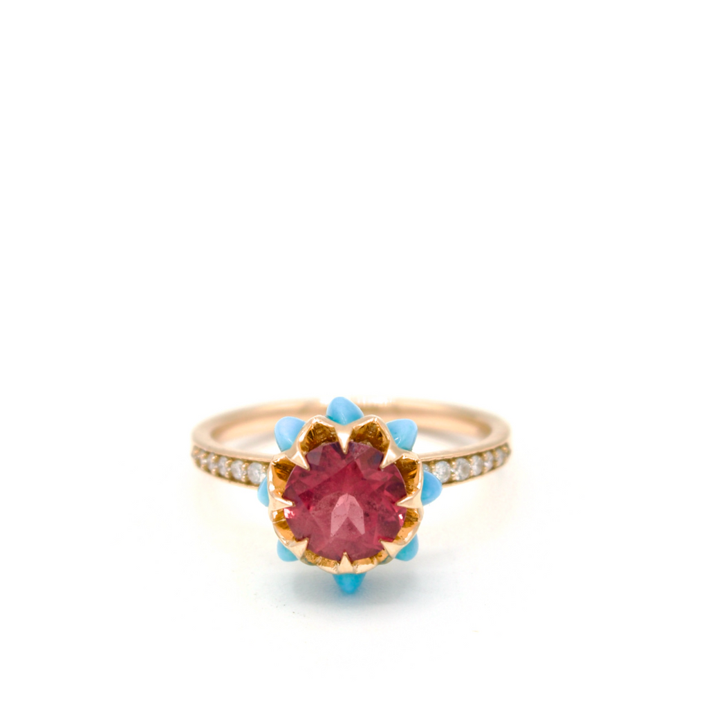 Protea Pink Tourmaline, Turquoise and Diamond  Ring