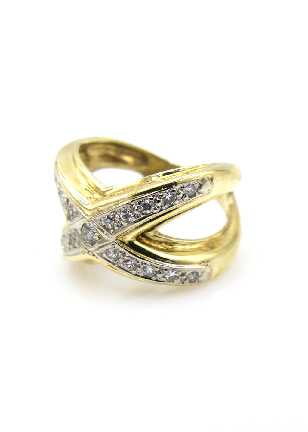 Scosha Mid Century 14K Gold Criss Cross Ring with Diamonds